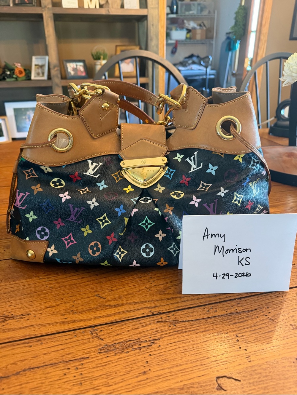 Louis Vuitton Ursula Black Multicolor Monogram Canvas Brown Leather Shoulder Bag
